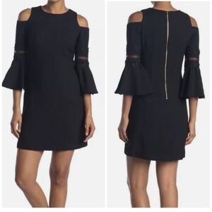 Eliza J Appliqué Black Cold Shoulder Lace Ruffle Sleeve Classy Midi Dress